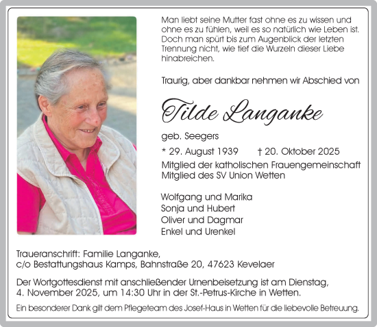 Traueranzeige von Tilde Langanke von NNA