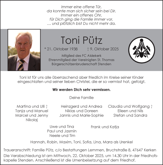 Traueranzeige von Toni Pütz von NNA