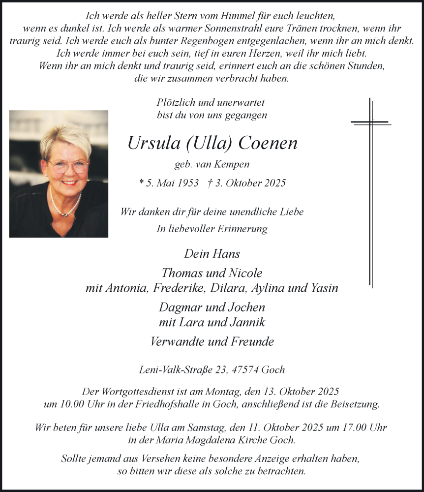  Traueranzeige für Ursula Coenen vom 11.10.2025 aus NNA