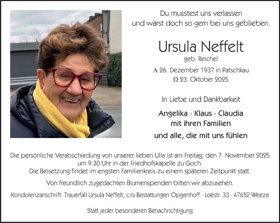 Traueranzeige von Ursula Neffelt von NNA