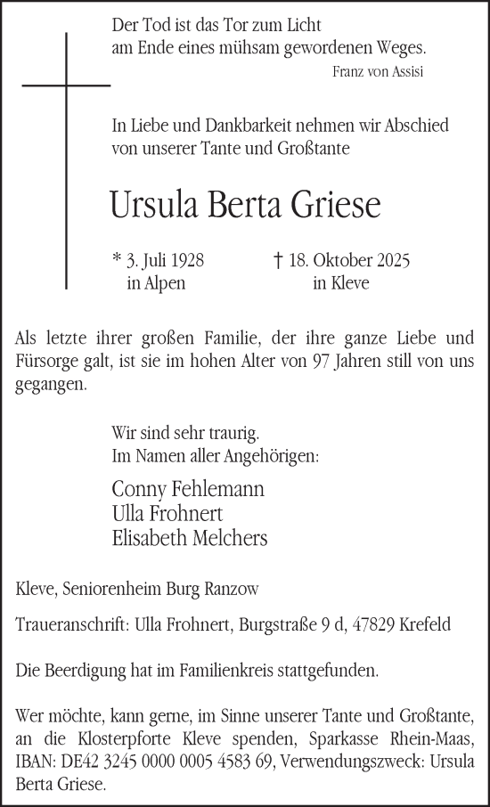 Traueranzeige von Ursula Berta Griese von NNA