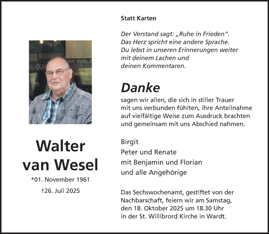 Traueranzeige von Walter van Wesel von NNA