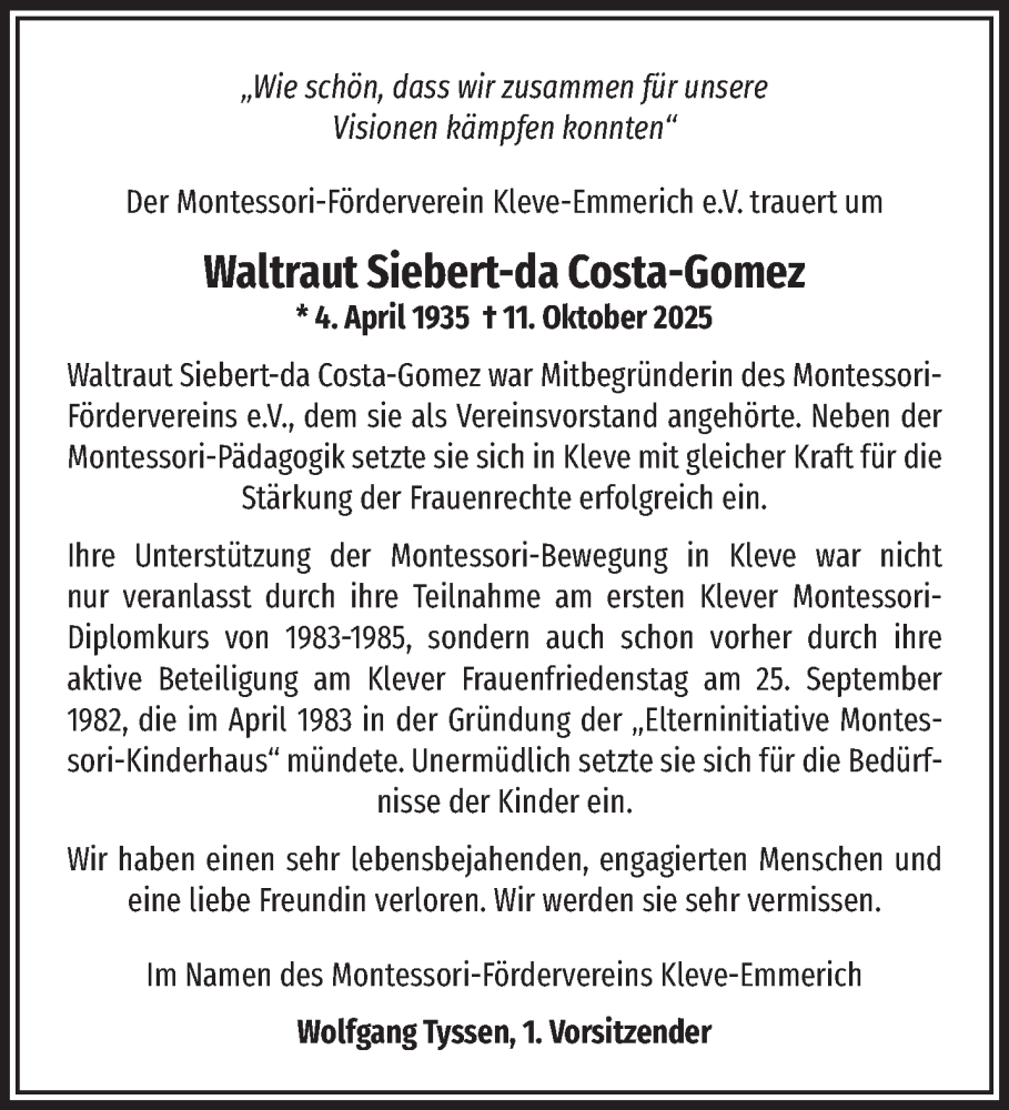  Traueranzeige für Waltraut Siebert-da Costa Gomez vom 25.10.2025 aus NNA