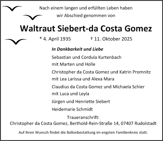 Traueranzeige von Waltraut Siebert-da Costa Gomez von NNA