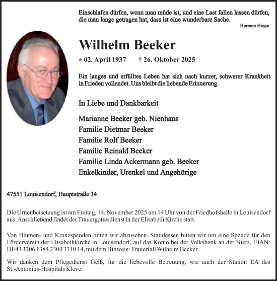 Traueranzeige von Wilhelm Beeker von NNA