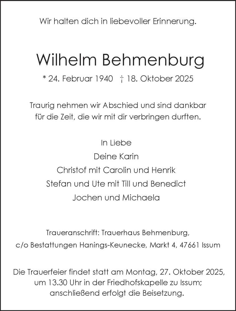  Traueranzeige für Wilhelm Behmenburg vom 25.10.2025 aus NNA
