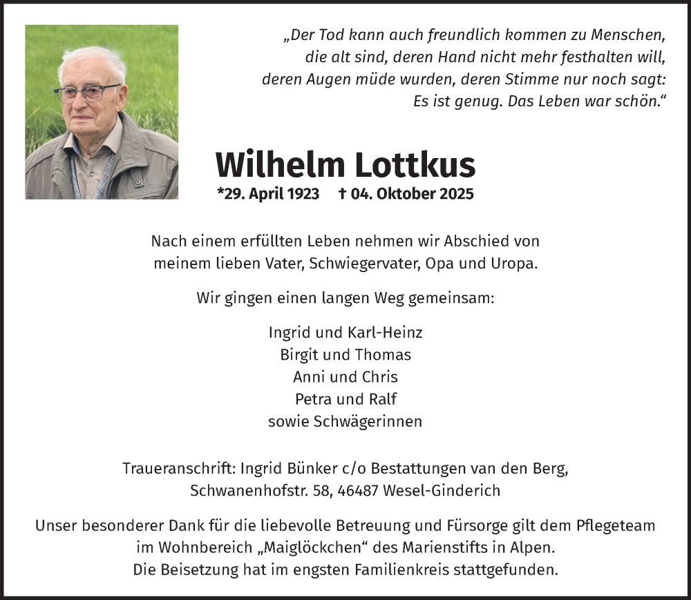  Traueranzeige für Wilhelm Lottkus vom 18.10.2025 aus NNA