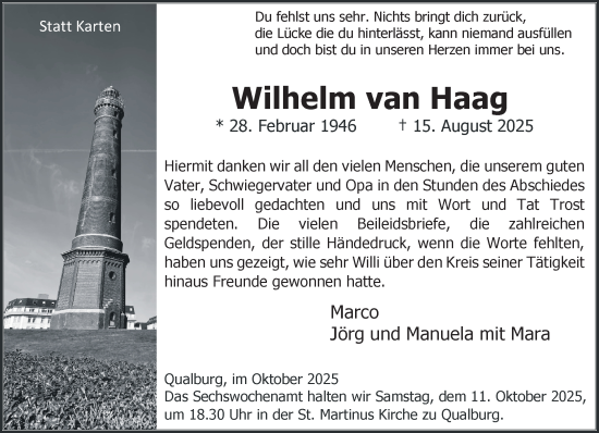 Traueranzeige von Wilhelm van Haag von NNA