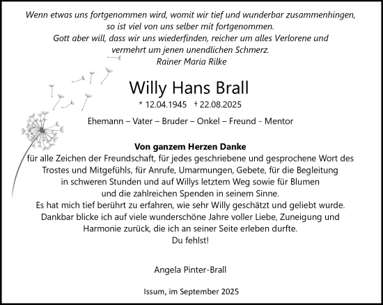Traueranzeige von Willy Hans Brall von NNA