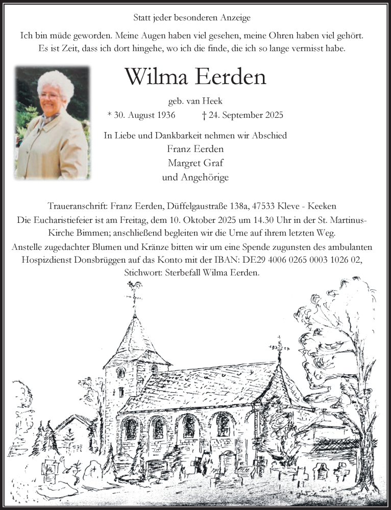  Traueranzeige für Wilma Eerden vom 04.10.2025 aus NNA