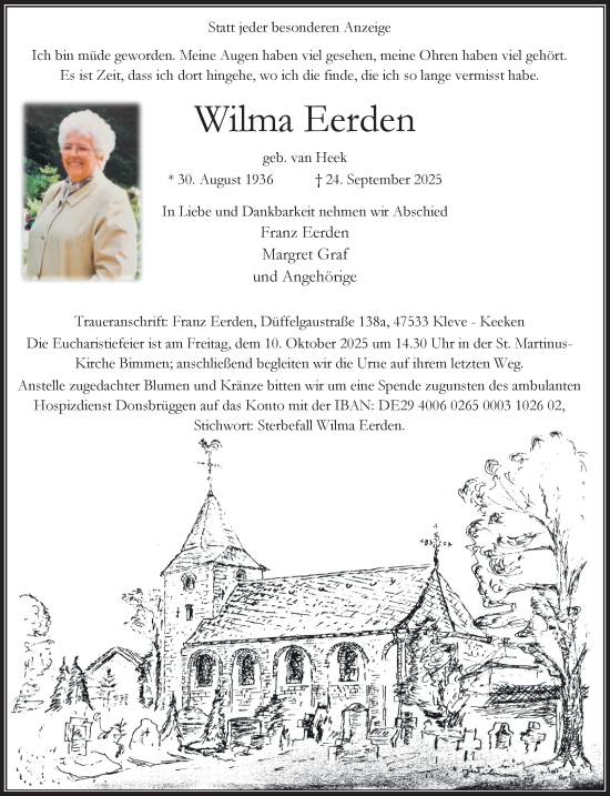 Traueranzeige von Wilma Eerden von NNA