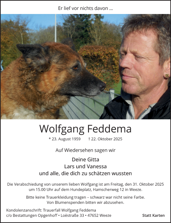 Traueranzeige von Wolfgang Feddema von NNA