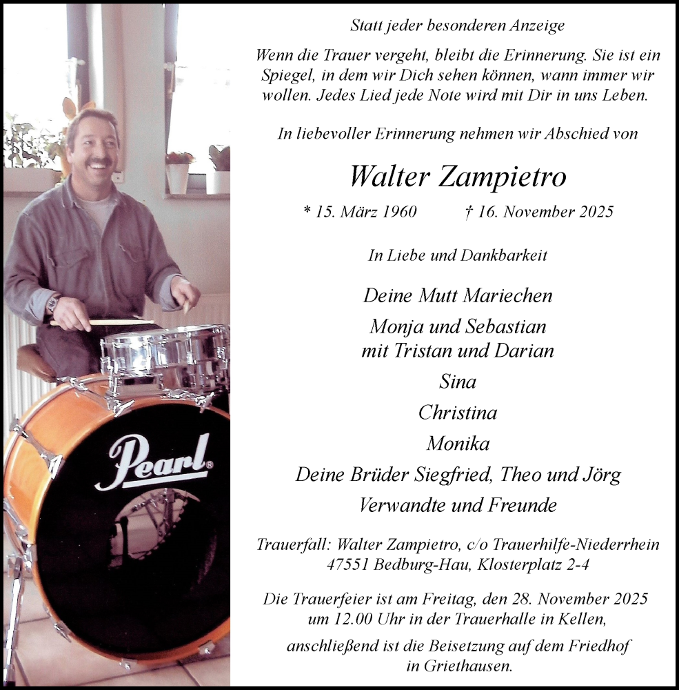  Traueranzeige für Walter Zampietro vom 22.11.2025 aus NNA