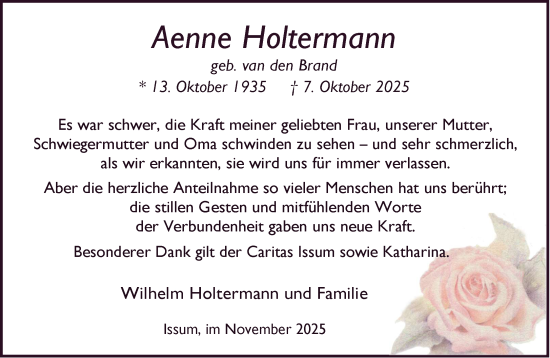 Traueranzeige von Aenne Holtermann von NNA