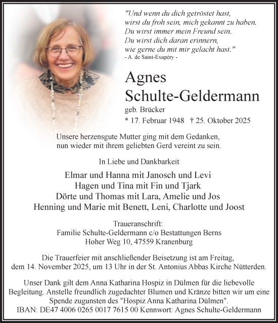 Traueranzeige von Agnes Schulte-Geldermann von NNA