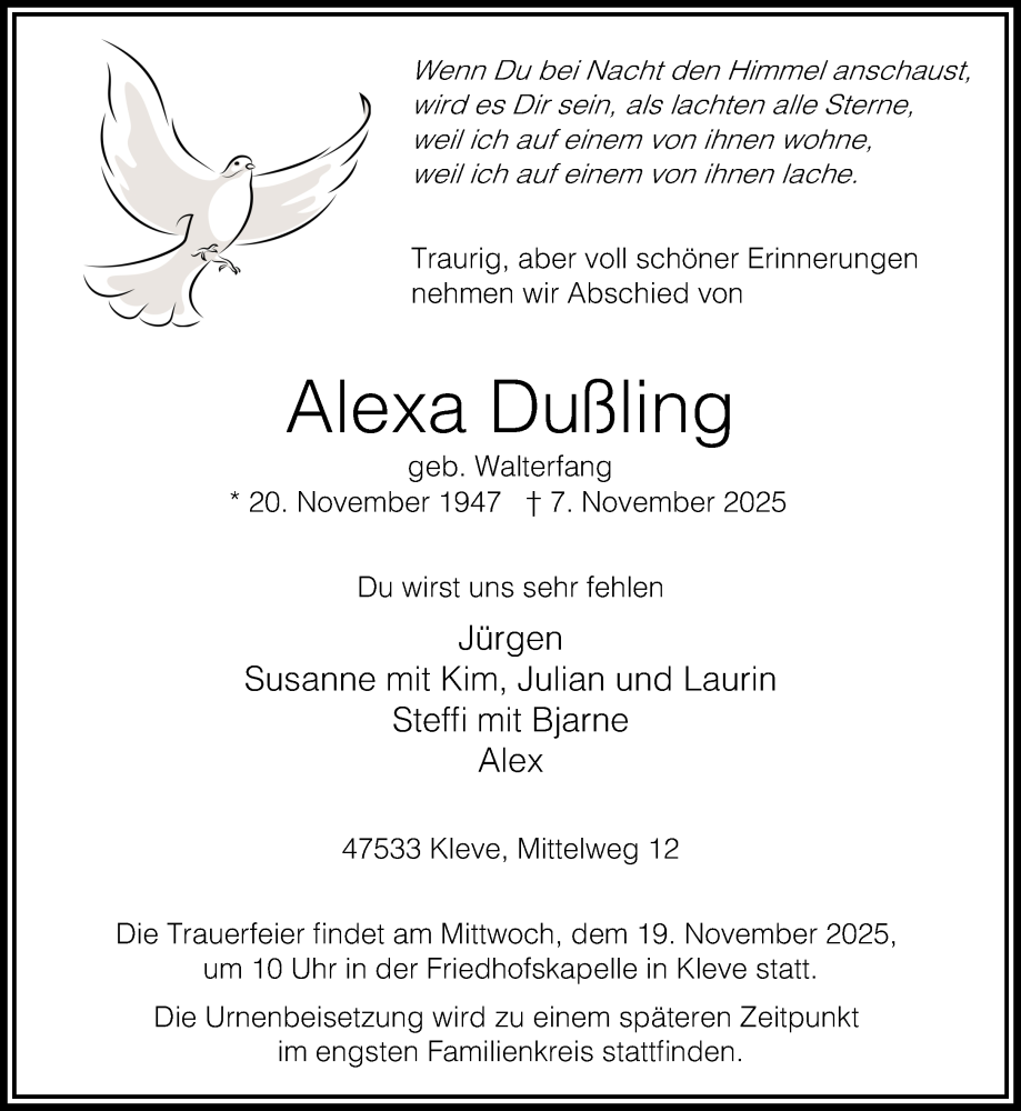  Traueranzeige für Alexa Dußling vom 15.11.2025 aus NNA