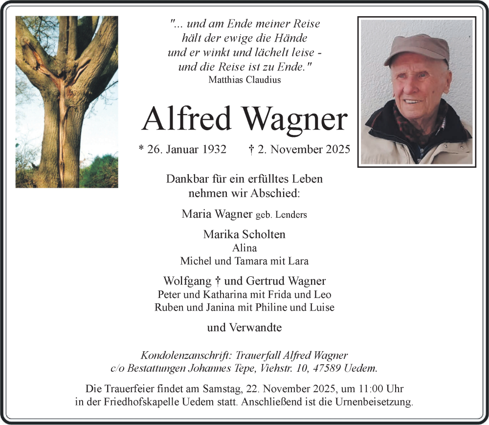  Traueranzeige für Alfred Wagner vom 08.11.2025 aus NNA