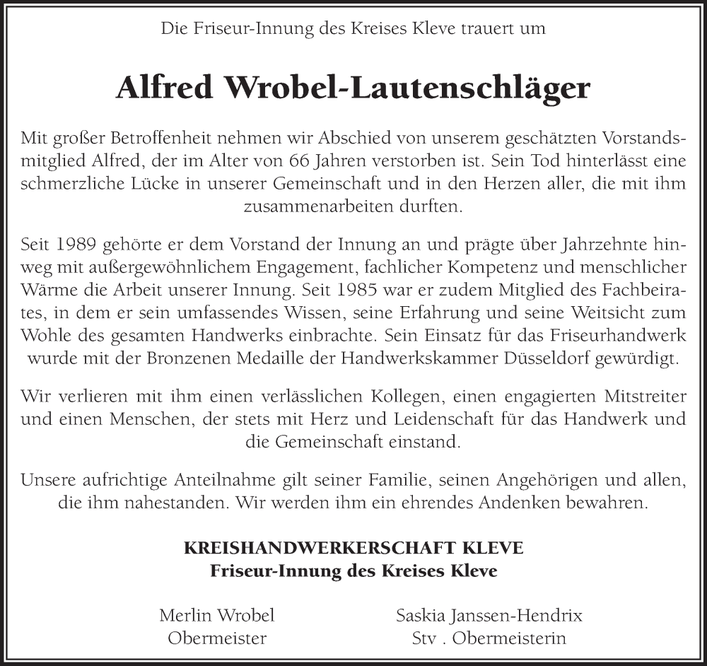  Traueranzeige für Alfred Wrobel-Lautenschläger vom 22.11.2025 aus NNA