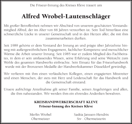 Traueranzeige von Alfred Wrobel-Lautenschläger von NNA