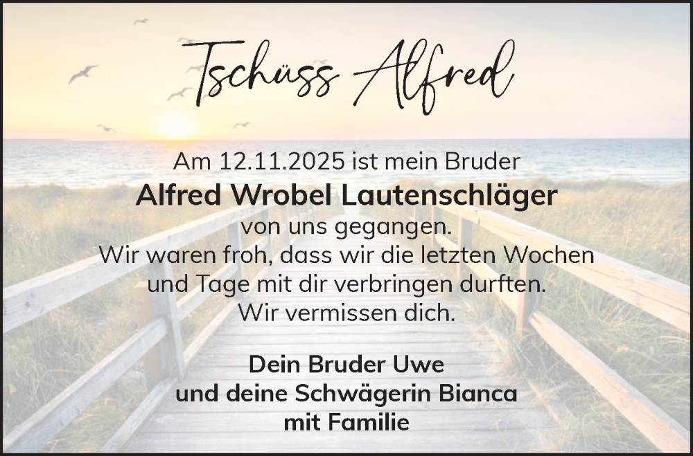  Traueranzeige für Alfred Wrobel Lautenschläger vom 22.11.2025 aus NNA