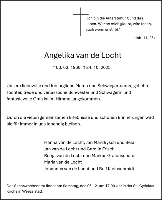 Traueranzeige von Angelika van de Locht von NNA