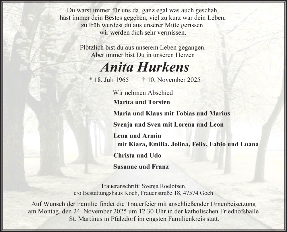  Traueranzeige für Anita Hurkens vom 22.11.2025 aus NNA