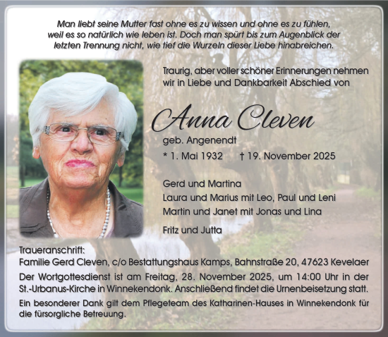 Traueranzeige von Anna Cleven von NNA