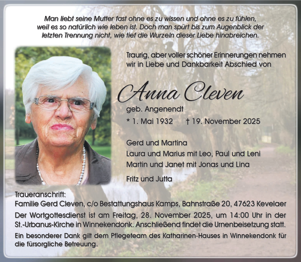  Traueranzeige für Anna Cleven vom 22.11.2025 aus NNA