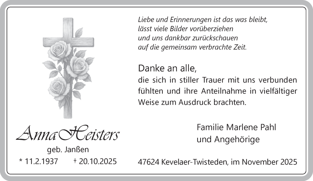  Traueranzeige für Anna Heisters vom 29.11.2025 aus NNA