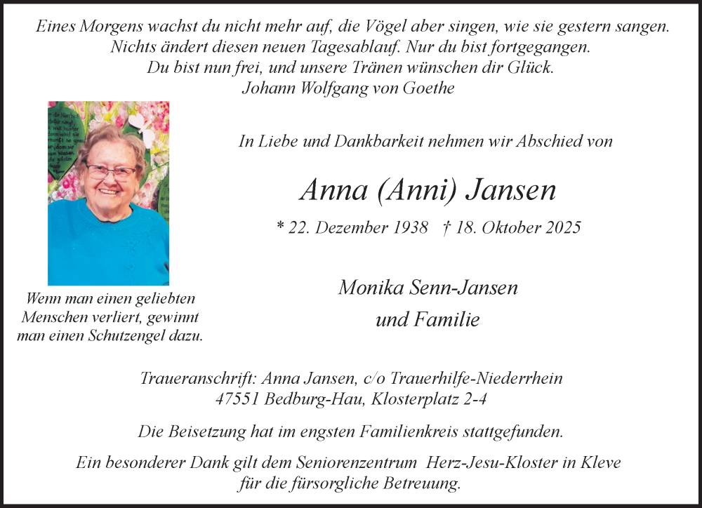  Traueranzeige für Anna Jansen vom 29.11.2025 aus NNA