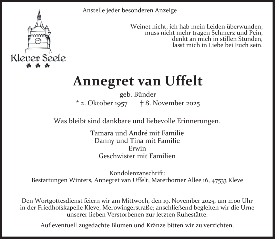 Traueranzeige von Annegret van Uffelt von NNA
