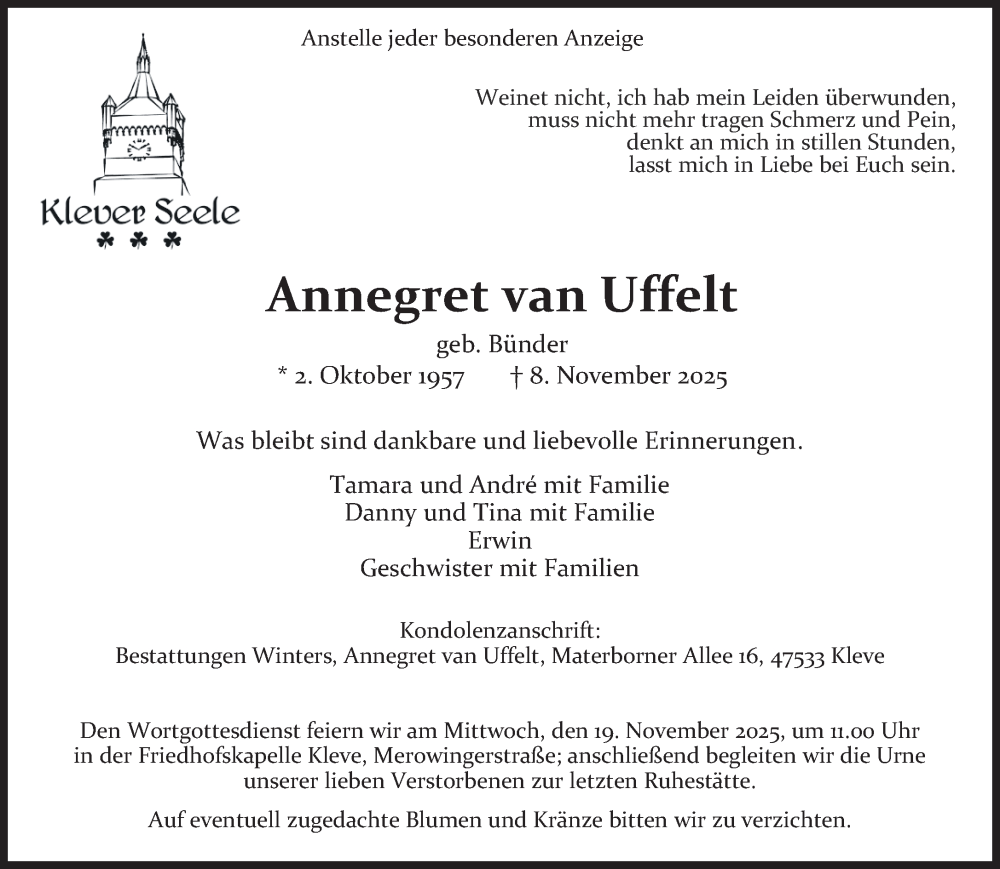  Traueranzeige für Annegret van Uffelt vom 15.11.2025 aus NNA