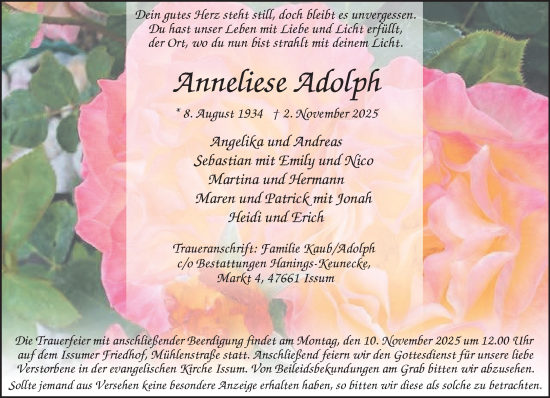 Traueranzeige von Anneliese Adolph von NNA