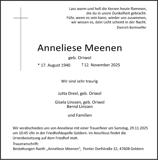 Traueranzeige von Anneliese Meenen von NNA