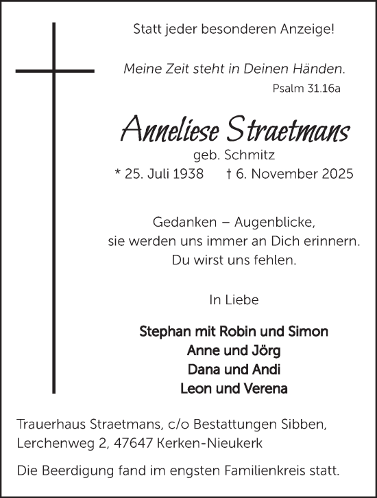 Traueranzeige von Anneliese Straetmans von NNA