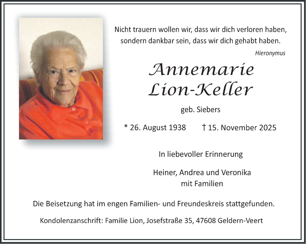  Traueranzeige für Annemarie Lion-Keller vom 22.11.2025 aus NNA