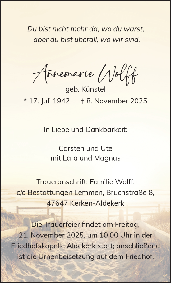Traueranzeige von Annemarie Wolff von NNA