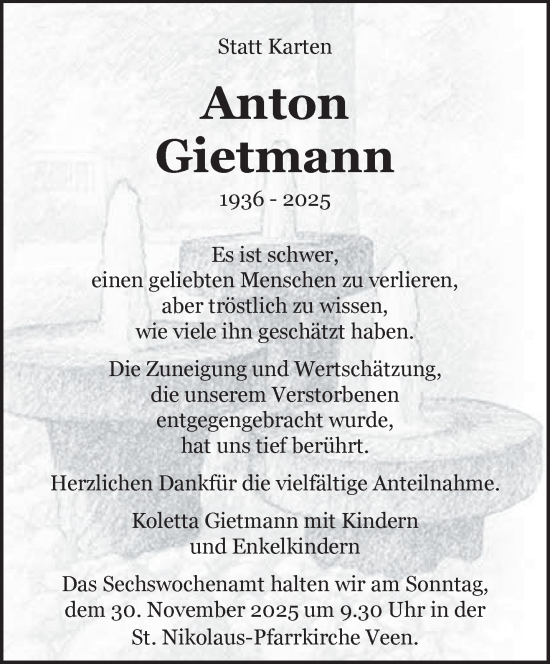 Traueranzeige von Anton Gietmann von NNA