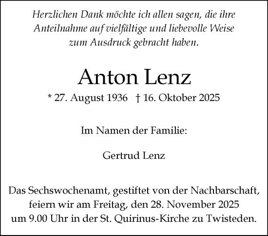 Traueranzeige von Anton Lenz von NNA