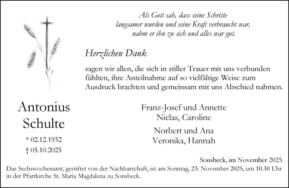  Traueranzeige für Antonius Schulte vom 15.11.2025 aus NNA