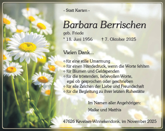 Traueranzeige von Barbara Berrischen von NNA