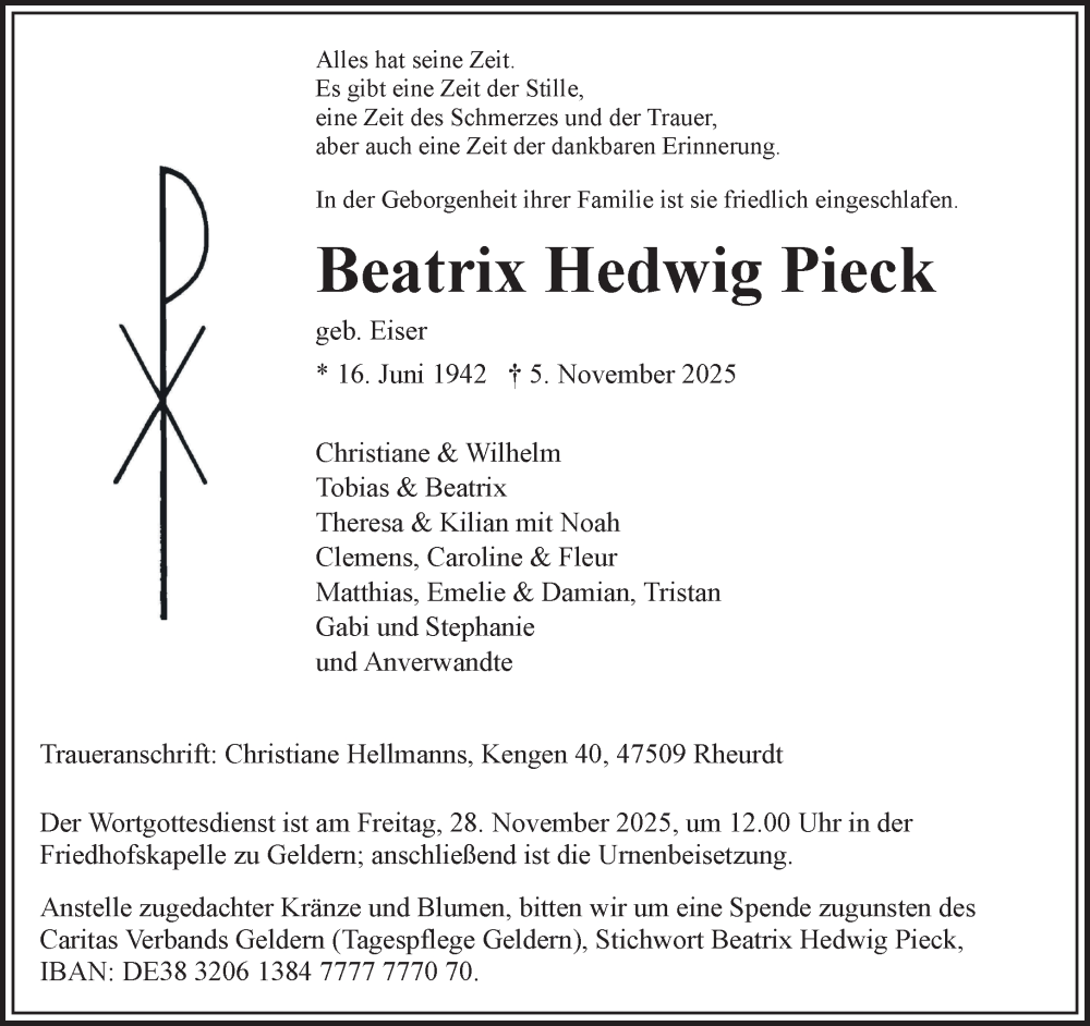  Traueranzeige für Beatrix Hedwig Pieck vom 22.11.2025 aus NNA