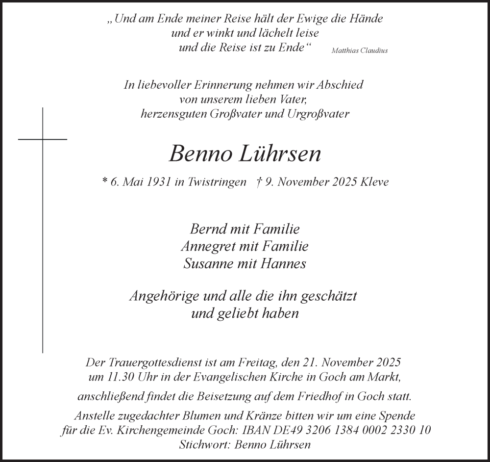  Traueranzeige für Benno Lührsen vom 15.11.2025 aus NNA