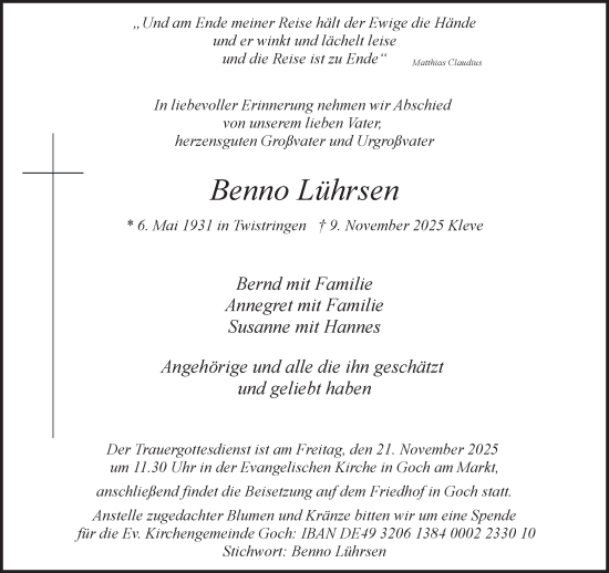 Traueranzeige von Benno Lührsen von NNA