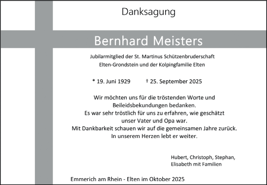 Traueranzeige von Bernhard Meisters von NNA