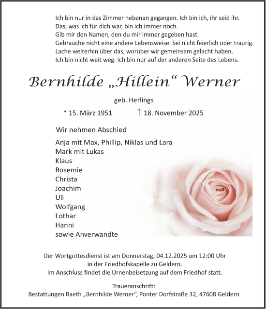 Traueranzeige von Bernhilde Werner von NNA