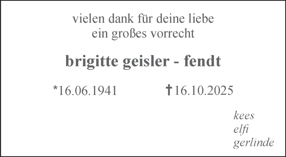  Traueranzeige für Brigitte Geisler-Fendt vom 15.11.2025 aus NNA
