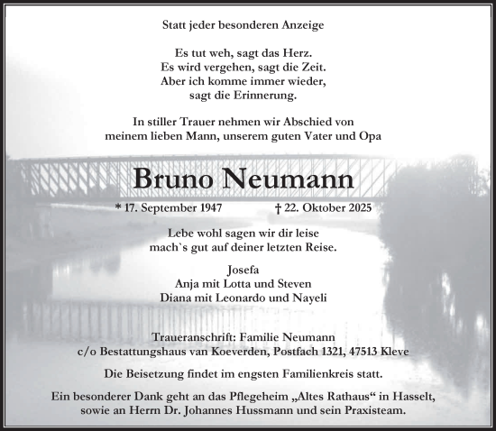 Traueranzeige von Bruno Neumann von NNA