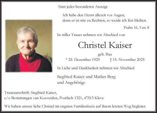 Traueranzeige von Christel Kaiser von NNA