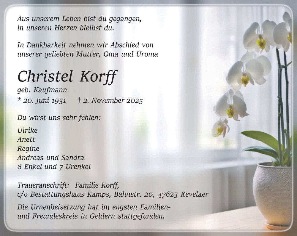  Traueranzeige für Christel Korff vom 22.11.2025 aus NNA